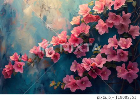 Pink flowers with a blue background. Serene and calming mood 119085553
