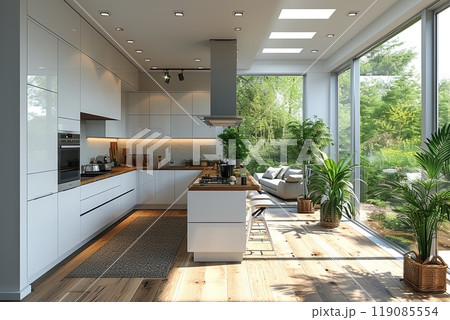 Modern minimalistic kitchen with a large window and a potted plants 119085554