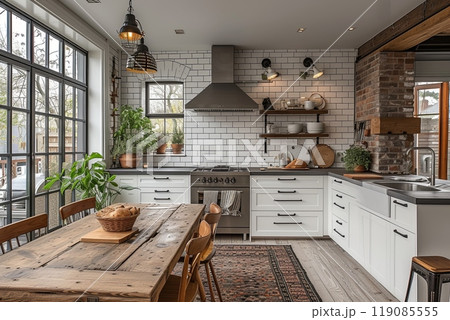 Scandinavian kitchen with a wooden table and chairs. Warm, inviting atmosphere 119085555