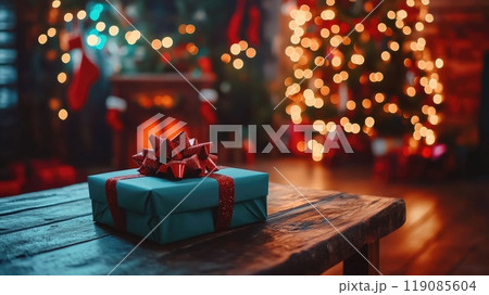 Festive christmas gift wrapped in red ribbon with glowing holiday lights and decorated tree 119085604