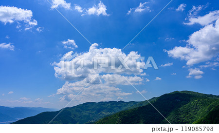 初夏の青空のもと、山頂に流れるたくさんの白い雲 初夏の青空のもと、山頂に流れるたくさんの白い雲 119085798