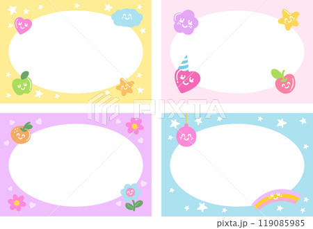 Pastel frame with apple, orange, heart, flower, rainbow, star, cloud for polaroid frame, banner, floral print, ad template, social media post, post card, name tag, sticker, spring and summer, poster Pastel frame with apple, orange, heart, flower, rainbow, star, cloud for polaroid frame, banner, floral print, ad template, social media post, post card, name tag, sticker, spring and summer, poster 119085985