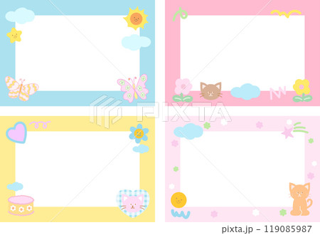 Pastel frame with cat, butterfly, flowers, sun, cloud, cake, heart for polaroid frame, banner, print, pet, rescue animal, vet, ad template, social media, post card, name tag, nature, garden, summer Pastel frame with cat, butterfly, flowers, sun, cloud, cake, heart for polaroid frame, banner, print, pet, rescue animal, vet, ad template, social media, post card, name tag, nature, garden, summer 119085987
