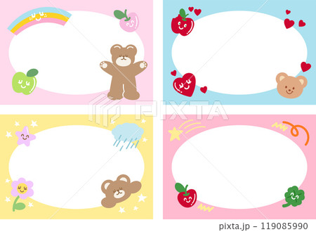 Pastel frame with teddy bear, apple, flowers, red heart, rainbow, clover leaf for polaroid frame, banner, animal print, zoo, souvenir shop, pet, ad template, social media post, post card, name tag 119085990