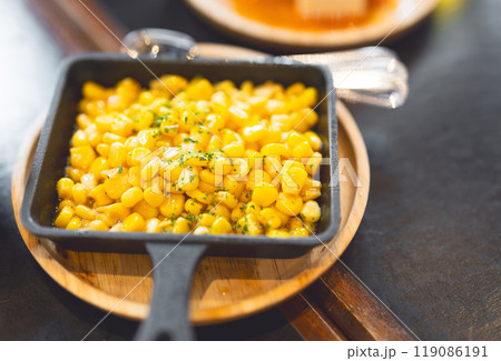 Sweet butter corn japanese style izakaya menu serve on hot skillet 119086191