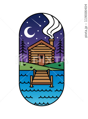 view of log cabin and small pier illustration view of log cabin and small pier illustration 119086404