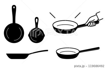 色々なフライパンとフライパンを持つ手のイラスト 119086492