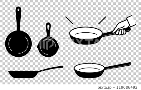 Illustration of various frying pans and a hand holding a frying pan Illustration of various frying pans and a hand holding a frying pan 119086492