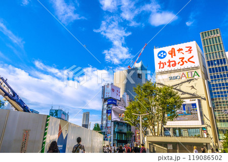 日本の東京都市景観　2機飛行機…。新宿駅東口前などを望む＝7日 119086502