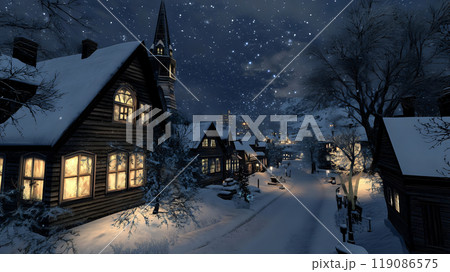 Charming winter wonderland village scene illuminated under a starry sky at night. Scenic beauty concept 119086575