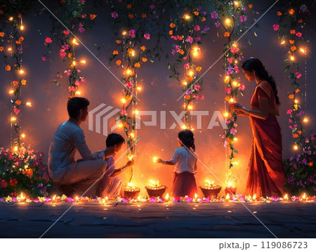 A warm family scene celebrating a festival with glowing diyas, colorful flowers, and beautiful decorations, creating a joyful atmosphere. A warm family scene celebrating a festival with glowing diyas, colorful flowers, and beautiful decorations, creating a joyful atmosphere. 119086723