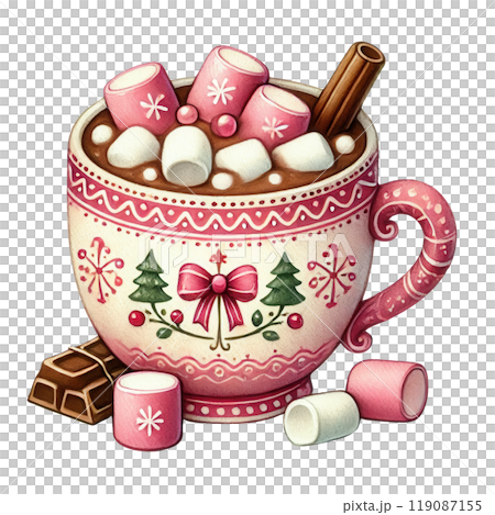 Cozy hot chocolate in a decorated holiday mug, topped with marshmallows and cinnamon, perfect for winter warmth. Cozy hot chocolate in a decorated holiday mug, topped with marshmallows and cinnamon, perfect for winter warmth. 119087155