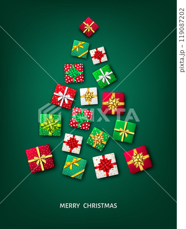 Christmas tree shaped gift boxes with bow. Christmas tree shaped gift boxes with bow. 119087202