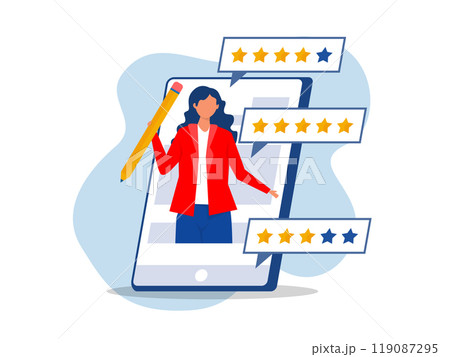 good feedback or credit score, evaluation rank Feedback, customers review, positive user experience concept. 5 stars rating of mobile app, online service satisfaction good feedback or credit score, evaluation rank Feedback, customers review, positive user experience concept. 5 stars rating of mobile app, online service satisfaction 119087295