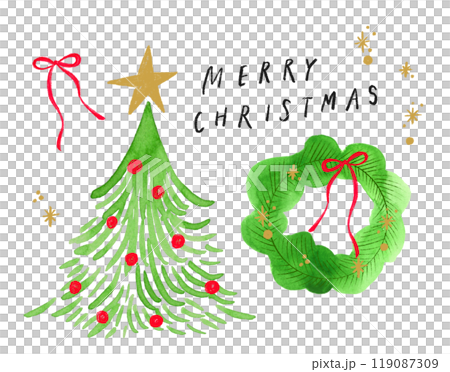 一套聖誕樹和花圈簡單和手繪的圖標 119087309