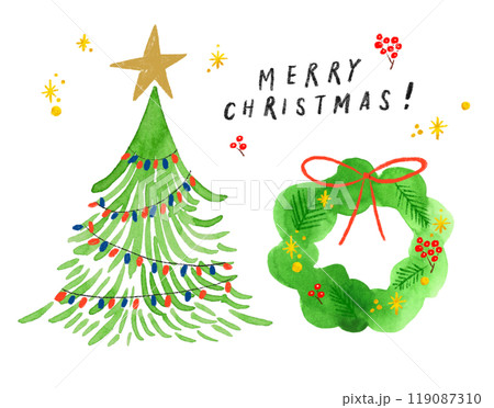 クリスマスツリーとリースのセット  シンプルで手書き アイコン 119087310