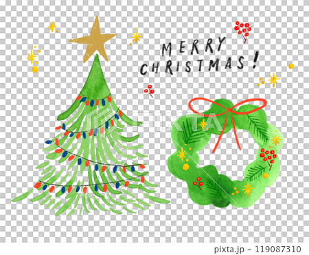 クリスマスツリーとリースのセット  シンプルで手書き アイコン 119087310