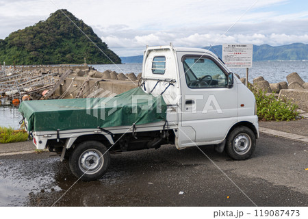 古い軽トラック一台　緑色のカバーをかぶせている 119087473