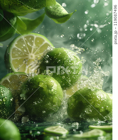 Juicy limes tumble into water, dynamic splashes on backdrop of lush green leaves. Generative AI 119087496