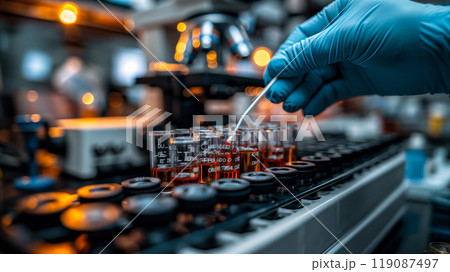 Scientist conducting analysis using microscope and test tubes in lab environment. Generative AI 119087497