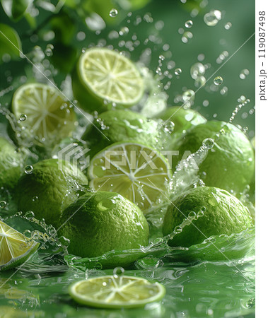 Juicy limes tumble into water, dynamic splashes on backdrop of lush green leaves. Generative AI 119087498
