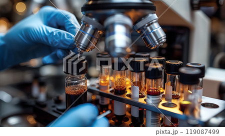 Scientist conducting analysis using microscope and test tubes in lab environment. Generative AI 119087499
