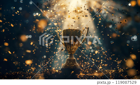 Golden trophy with confetti celebrating achievement, festive winning background. Generative AI Golden trophy with confetti celebrating achievement, festive winning background. Generative AI 119087529