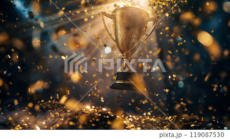 Golden trophy with confetti celebrating achievement, festive winning background. Generative AI Golden trophy with confetti celebrating achievement, festive winning background. Generative AI 119087530