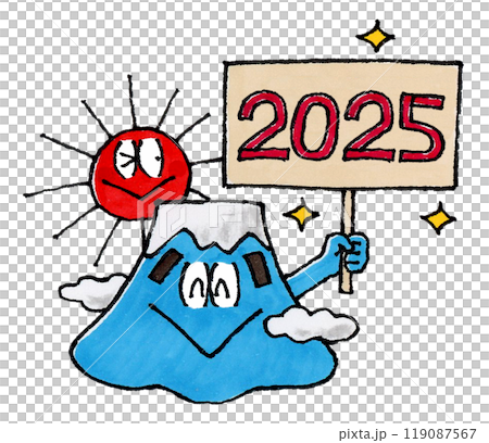 Mount Fuji and sun character holding a 2025 sign Mount Fuji and sun character holding a 2025 sign 119087567