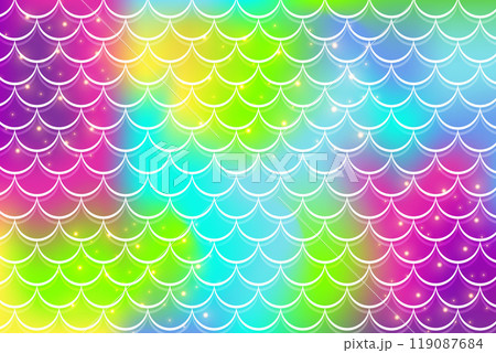 Mermaid rainbow background in fantasy style with scales. Unicorn bright gradient texture. Sea fish kawaii vector backdrop. 119087684