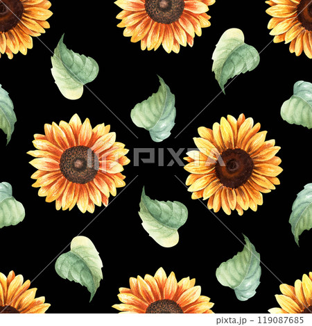 Watercolor seamless pattern with yellow sunflowers blooms and leaves. Hand drawn repeat pattern for wrapping wallpaper fabric textile 119087685