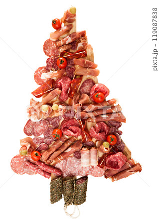 Christmas tree made of sausage on a background of a wooden wall Christmas tree made of sausage on a background of a wooden wall 119087838