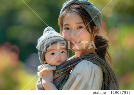 新緑の公園で赤ちゃんを抱っこしている女性「AI生成画像」 119087952