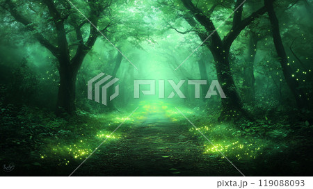 serene forest path illuminated by glowing fireflies creates magical atmosphere. lush greenery and soft light evoke sense of tranquility and wonder serene forest path illuminated by glowing fireflies creates magical atmosphere. lush greenery and soft light evoke sense of tranquility and wonder 119088093