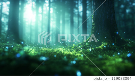 serene forest scene with soft light filtering through trees, illuminating vibrant green moss and delicate flowers. atmosphere feels magical and tranquil, inviting exploration 119088094