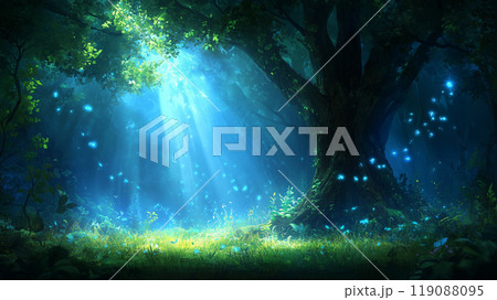 serene forest scene illuminated by soft rays of light filtering through trees, creating magical atmosphere filled with glowing blue orbs. lush greenery and tranquil setting evoke sense of peace and 119088095