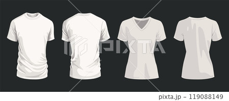 White female and male t-shirt mockup set. Front and back view. V-neck and round cutout neckline. Adult casual wear fashion plain blank templates. Simple flat style isolated vector on plain dark 119088149