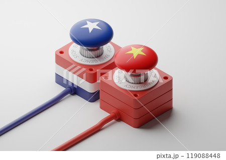 Isometric 3d rendering Emergency Button China and America (USA), crisis conflict war concept design illustration isolated on white background with copy space 119088448