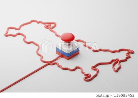 Isometric 3d rendering Emergency Button Russia flag with country map pattern made from cable, crisis conflict war concept design illustration isolated on white background with copy space 119088452
