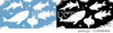 Marine animals and aquatic life set funny imagination whale, great hammerhead, shark, sunfish, mola mola, fish, bubble from Cloud or smoke patterns illustration isolated floating blue sky background Marine animals and aquatic life set funny imagination whale, great hammerhead, shark, sunfish, mola mola, fish, bubble from Cloud or smoke patterns illustration isolated floating blue sky background 119088460