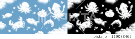 Marine animals and aquatic life set funny imagination fish, squid, octopus, shrimp, prawn, crab, shellfish, bubble from Cloud or smoke patterns, illustration isolated floating on blue sky background 119088465