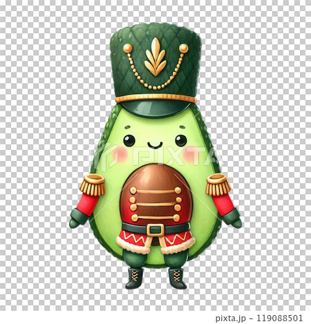 Cute avocado dressed as a nutcracker, wearing a festive uniform with a tall hat, epaulets, and a belt. Cute avocado dressed as a nutcracker, wearing a festive uniform with a tall hat, epaulets, and a belt. 119088501