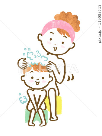 お風呂場で母親が娘の髪を洗ってあげているシーンの手描きイラスト 119088515