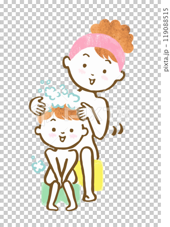 お風呂場で母親が娘の髪を洗ってあげているシーンの手描きイラスト 119088515