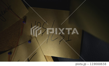 Lantern illuminates notes on board. Stock footage. Notes with words on blackboard in night office. Quest with rebus on notes with strings Lantern illuminates notes on board. Stock footage. Notes with words on blackboard in night office. Quest with rebus on notes with strings 119088638