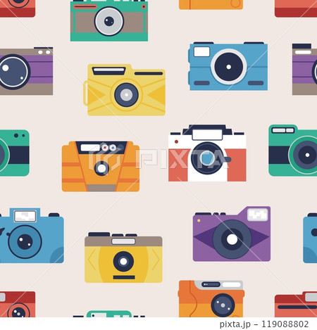 Photo camera seamless pattern. Retro cameras, equipment for photography. Hipster style fabric wrapping print design, digital vector background Photo camera seamless pattern. Retro cameras, equipment for photography. Hipster style fabric wrapping print design, digital vector background 119088802
