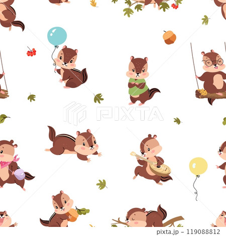 Cute cartoon chipmunks seamless pattern. Chipmunk with leaf, balloon, musical instrument. Funny animals fabric print design, vector background Cute cartoon chipmunks seamless pattern. Chipmunk with leaf, balloon, musical instrument. Funny animals fabric print design, vector background 119088812