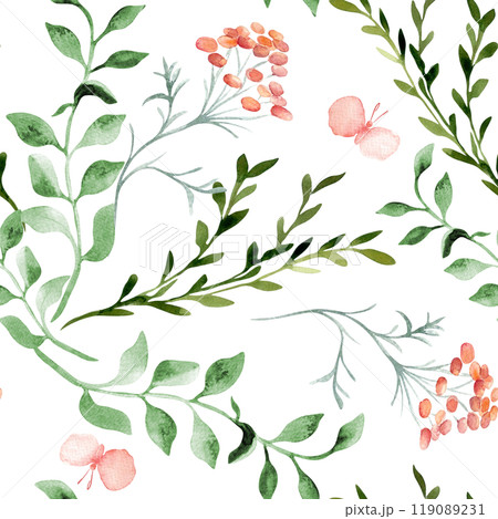 Simple floral pattern green pink colors. Watercolor abstract flowers and leaves on seamless background hand drawn isolated. Gentle butterflies and plants elements for design home textile, wallpaper. 119089231