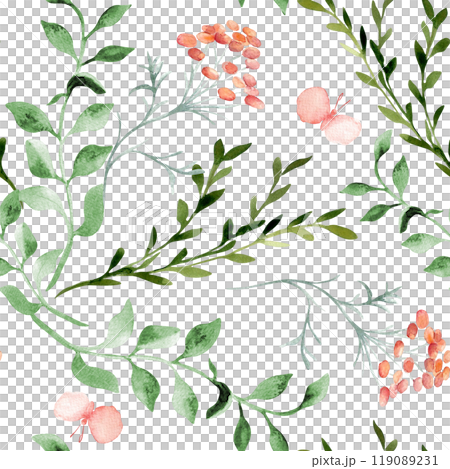 Simple floral pattern green pink colors. Watercolor abstract flowers and leaves on seamless background hand drawn isolated. Gentle butterflies and plants elements for design home textile, wallpaper. 119089231