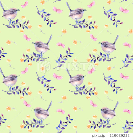 Small round bird in pastel purples on branch watercolor seamless pattern isolated. Repeated background with tiny bird butterfly and flower sketch hand drawn. Bird nature art design for wallpaper. Small round bird in pastel purples on branch watercolor seamless pattern isolated. Repeated background with tiny bird butterfly and flower sketch hand drawn. Bird nature art design for wallpaper. 119089232